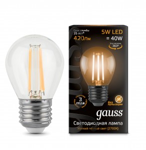 Gauss Filament Шар G45 E27 5W(420lm) 2700K 2K 80x45 филамент (нитевидная), прозр. 105802105