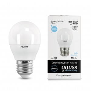 Gauss Elementary Шар G45 E27 8W(560lm) 6500K 6K 83x45 матовая, пластик/алюм. 53238