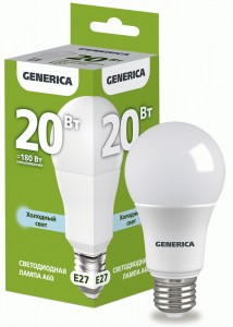 IEK GENERICA ЛОН A60 E27 20W(2000lm) 6500K 6K 60x125 матов.  LL-A60-20-230-65-E27-G