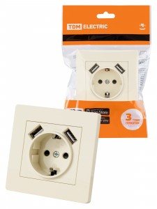 TDM Сенеж роз. СУ 1 мест 16А (земля) + 2 USB 2,1А сл. кость  SQ1816-0153