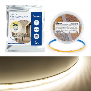 Feron лента св/д 24V 12W/m 512Led/m IP20 3000К 2К 10мм 5м интер SMD2110 LS530 48970