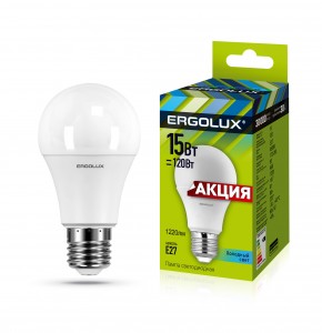 Ergolux ПРОМО ЛОН A60 E27 15W(1220lm 270°) 4500K 4K матовая 112x60 пластик/алюм. LED-A60-15W-E27-4K