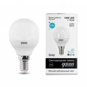 Gauss Elementary Шар G45 E14 10W(730lm) 4100K 4K 86x45 матовая, пластик/алюм. 53120