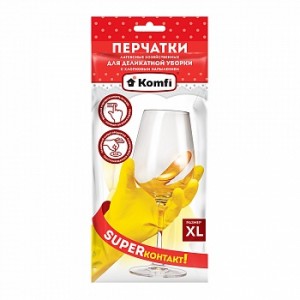 Перчатки латексные для деликатной уборки с х/б напылением XL (32гр пара) желтые 17066 Komfi
