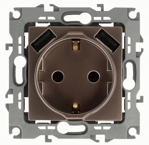 Эра12 роз. СУ, 1 мест. , 2P+E с 2xUSB 16A, штор. 5В-3А, бронза, 250В, IP20, 12-4109-13 6590