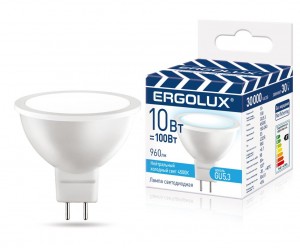 Ergolux ПРОМО MR16 GU5.3 220V 10W(960lm 120°) 4500K 4K мат 50x51 пласт/алюм LED-JCDR-10W-GU5.3-4K
