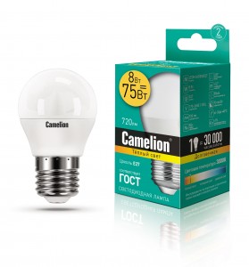 Camelion Шар G45 E27 8W(720lm 220°) 3000K 2K матов. 88x46 пластик LED8-G45/830/E27