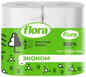 Туалетная бумага 2 слоя 4 рулона классика FLORA