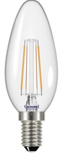 General свеча E14 7W 6500K 6K 35x98 филамент (нитевидная), прозр. 649700