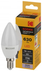 KODAK лампа св/д свеча B35 E14 7W(630lm) 6000K 6K 110х37 170-265В B35-7W-865-E14 2 года 57625