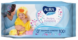 Влажные салфетки детские 100шт/уп. с алоэ и вит. Е AURA Ultra comfort 1894 КК арт.8109(КР