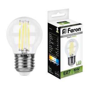 Feron филамент шар G45  E27 5W(550lm) 4000K 4K прозрачная 74x45, LB-61 25582