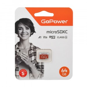Карта памяти microSD GoPower 64GB Class10 UHS-I (U3) 100 МБ/сек V30 без адаптера 00-00025681