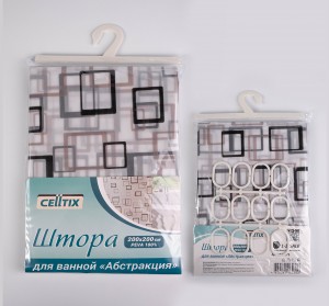 CELLTIX, Штора д/ванной ПЕВА "Абстракция"черно-белая, 12 колец, 200*200см