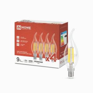 ASD/InHome лампа св/д Deco свеча на ветру Е14 9W(1040lm) 4K 125x35 прозр(4шт/уп, цена за уп) 3455