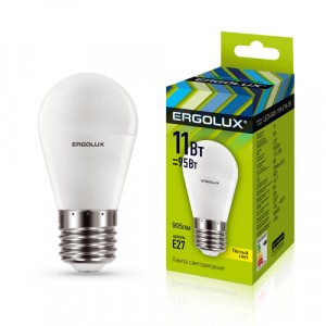 Ergolux шар G45 E27 11W(905lm 220°) 3000K 2K матовая 90x45 LED-G45-11W-E27-3K