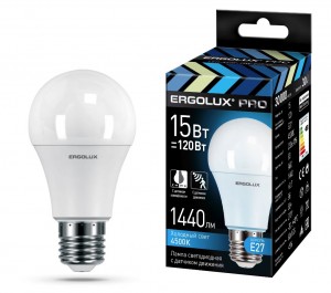 Ergolux ЛОН A60 E27 15W(1440lm) 4500K 4K датч.движ/датчик освещ. LED-A60P-15W-E27-4K PRO