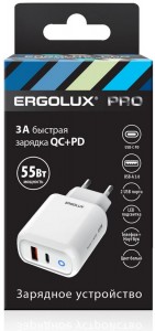 Сет.адаптер/зарядник/блок пит. GaN USB+Type-C, 5-12V/3A 55W ERGOLUX ELX-РA03QC-C01 бел, коробка