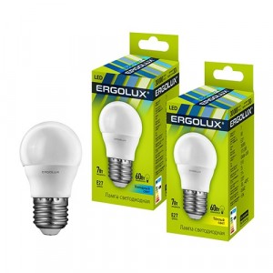 Ergolux шар G45 E27 7W(560lm 220°) 3000K 2K матовая 82x45 пластик/алюм. LED-G45-7W-E27-3K