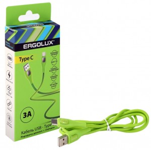 Дата-кабель USB(A)шт. - Type-Cшт. ERGOLUX ELX-CDC02-C05  3А 1.2м, зеленый, силикон, коробка