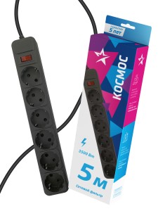 КОСМОС сет. удл.-фильтр ПВС 3х1  6 роз. 5 м 16А (3500 Вт) чёрный, земля, выкл. FKsm5m-6g(B)16A
