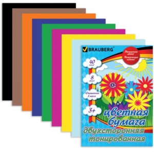 Цветная бумага, А4, двухст. тон., склейка, 40л., 8цв., BRAUBERG "Kids series" 210х297мм, 124714