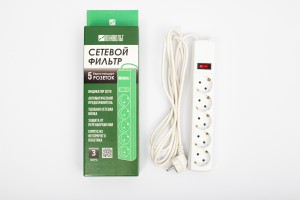 ЮНИВОЛЬТ сетевой фильтр ПВС 3х0.75 5 роз. 1.5м 10А белый земля, выкл.,полная защита 7930126420044 РФ
