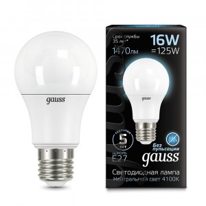 Gauss ЛОН A60 E27 16W(1470lm) 4100 4K 120x60 матовая, пластик/алюм. 102502216