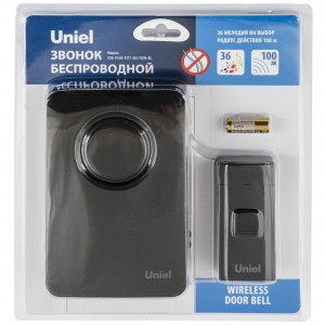 Uniel  звонок беспроводной, 100м, 36 мелод. 2хAA/R6 черный UDB-014W-R1T1-36S-100M-BL